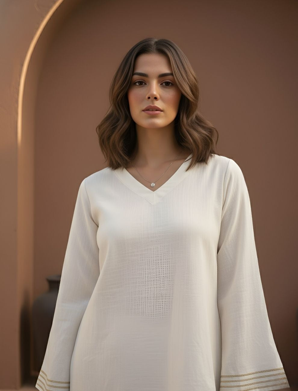 Off-White Cotton Bell Sleeve Short Kurti for Women