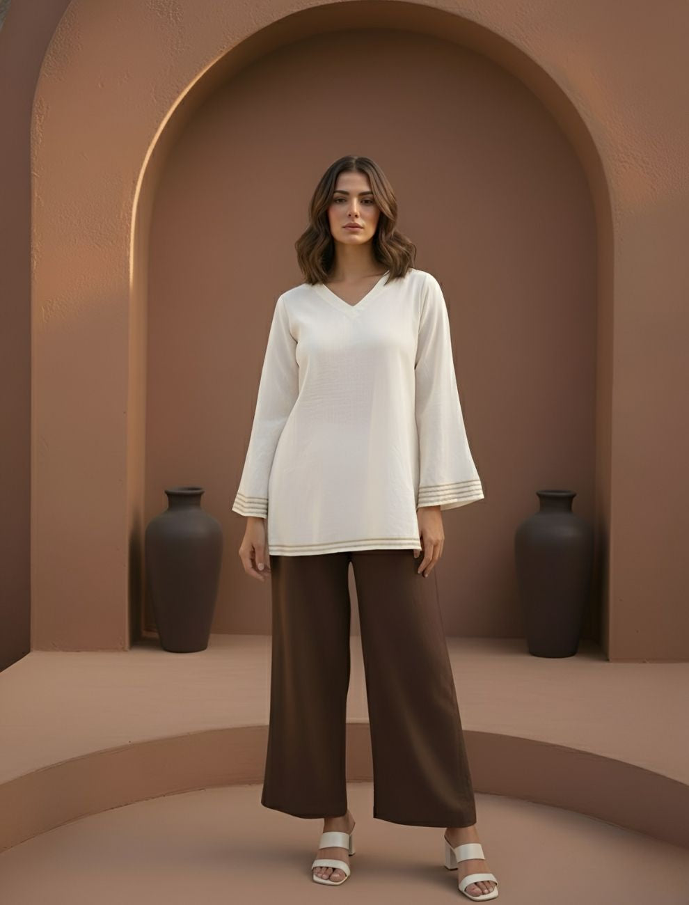 Off-White Cotton Bell Sleeve Short Kurti for Women