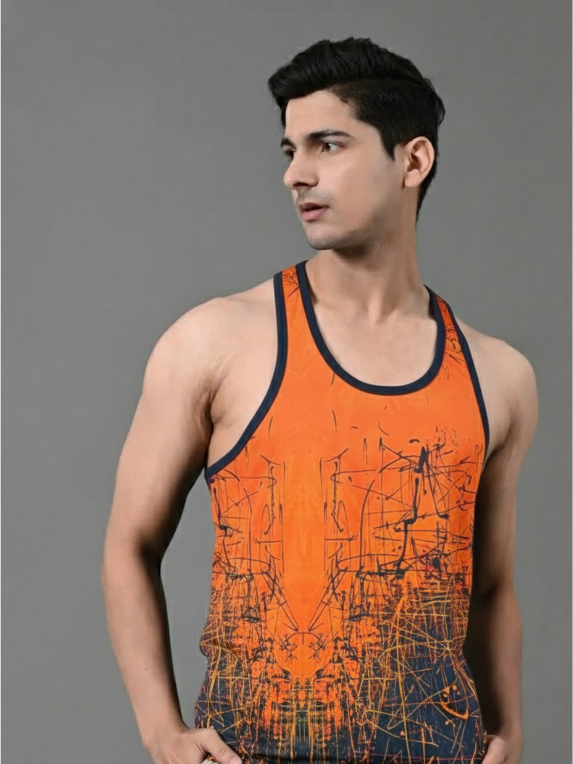 Men’s Orange & Black Sports Vest | Gym Wear Sleeveless Training Vest