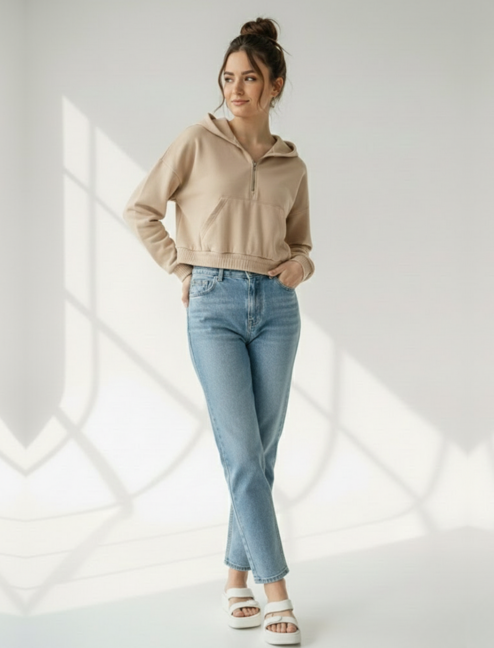 Unifringe Beige Fleece Hoodie for Women – Soft & Comfortable Winter Wear