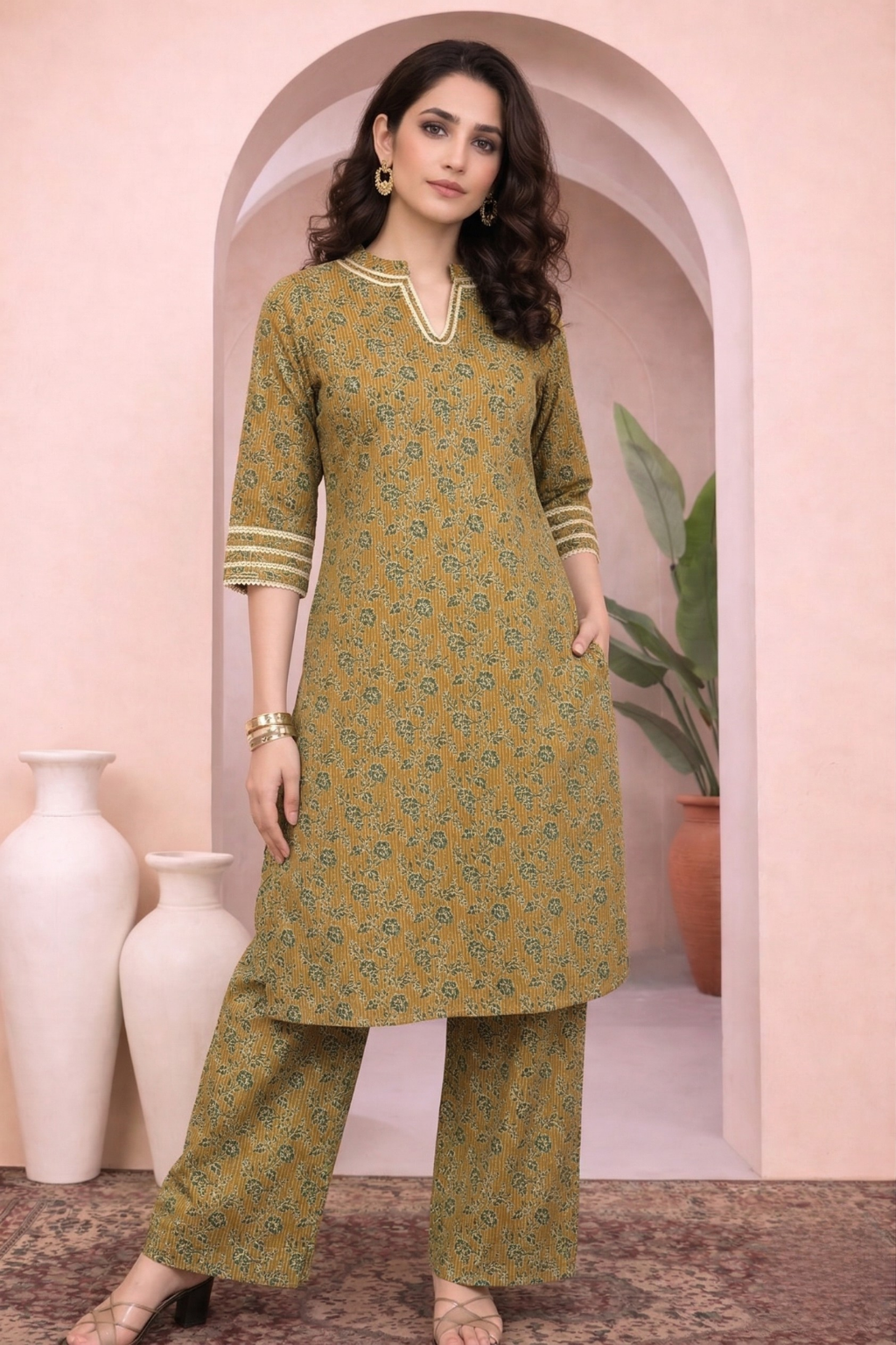Mustard Floral Printed Cotton Kurti for Women