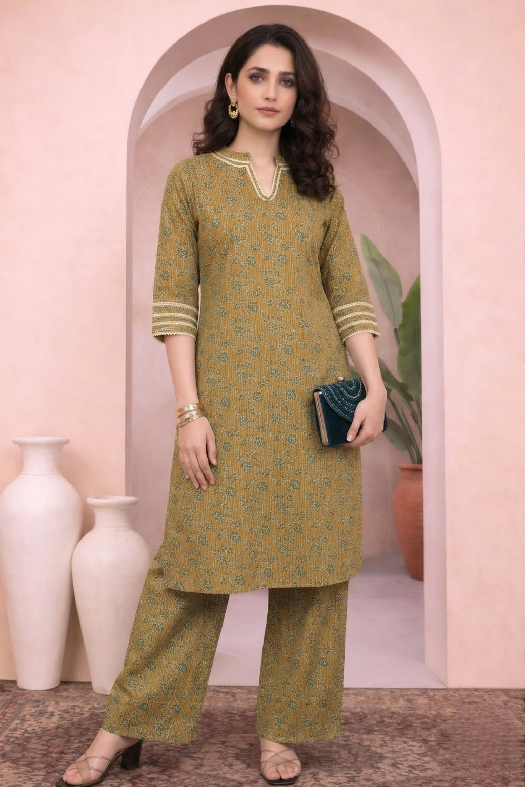 Mustard Floral Printed Cotton Kurti for Women