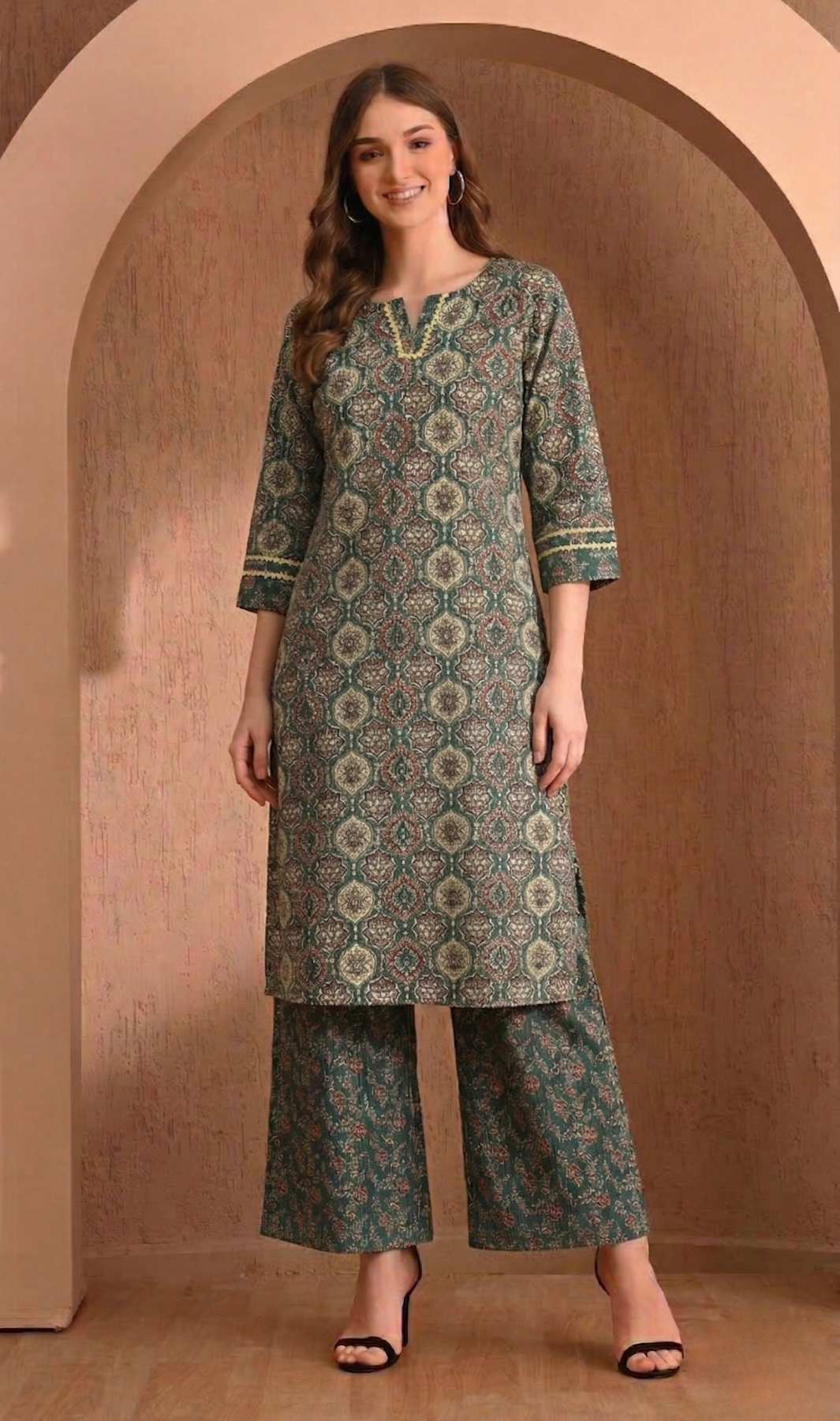 Women’s Green Printed Kurti Set with Straight Pants