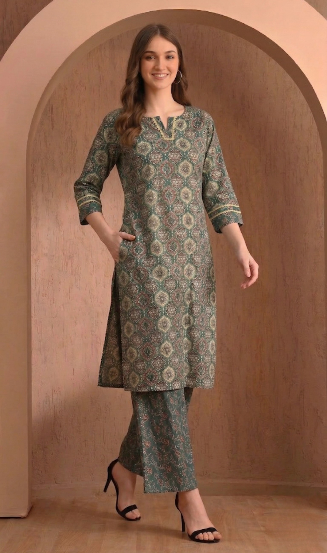 Women’s Green Printed Kurti Set with Straight Pants