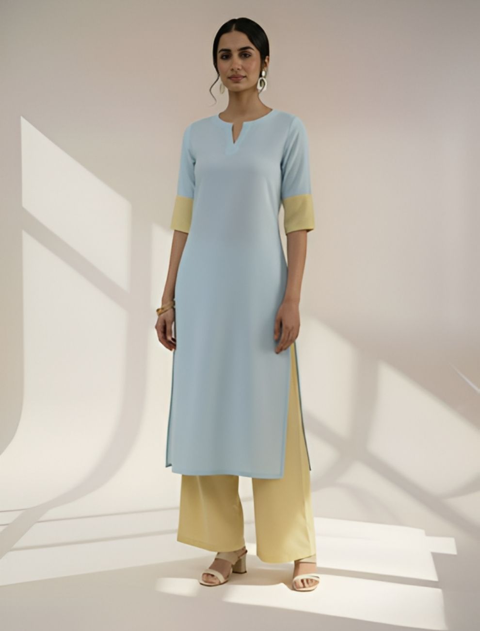 Sky Blue & Butter Yellow Cotton Kurta Set with Elegant Design
