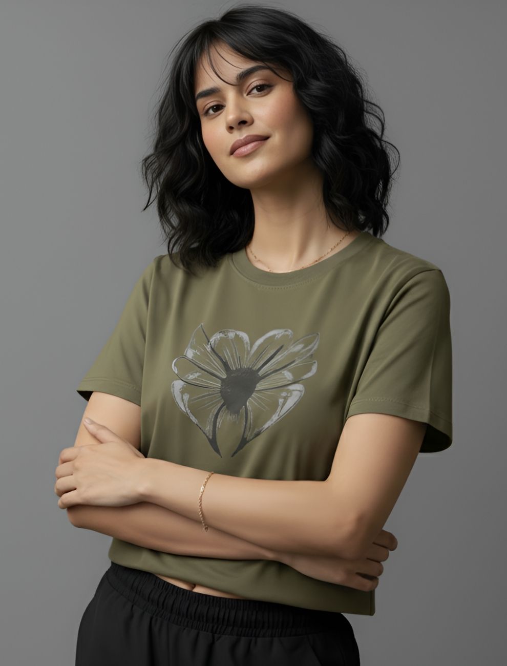 Women’s Olive Green & white Graphic T-Shirt – Casual Streetwear | Single Jersey Cotton | Unifringe