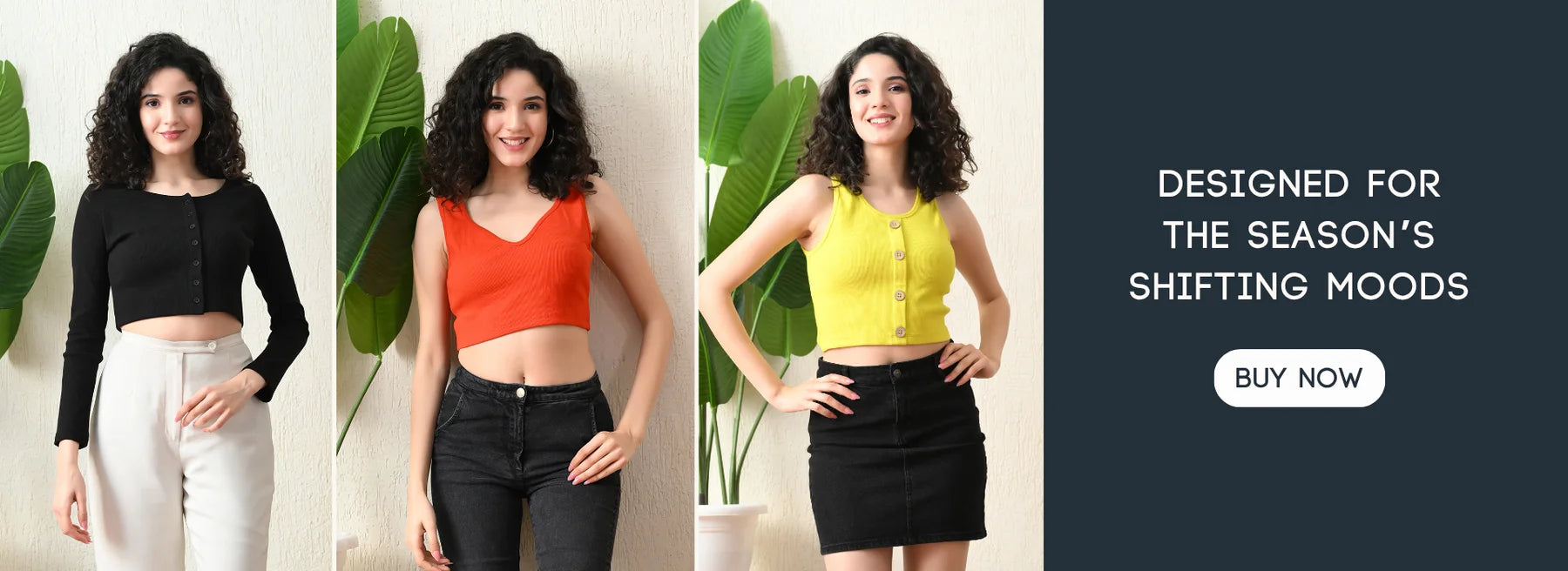Three women wearing different colored tops with text about shifting moods and a 'Buy Now' button.