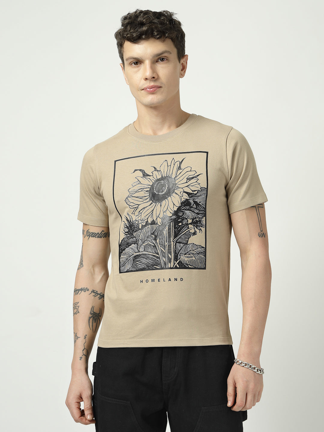 Men’s Beige Graphic T-Shirt | Homeland Sunflower Print | 100% Cotton Casual T-Shirt for Men