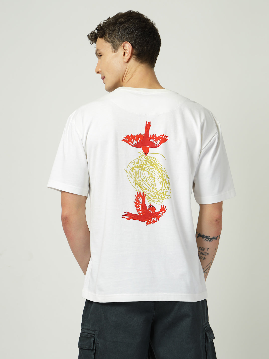 Men’s White Graphic T-Shirt | Abstract Bird Print | 100% Cotton Oversized Tee