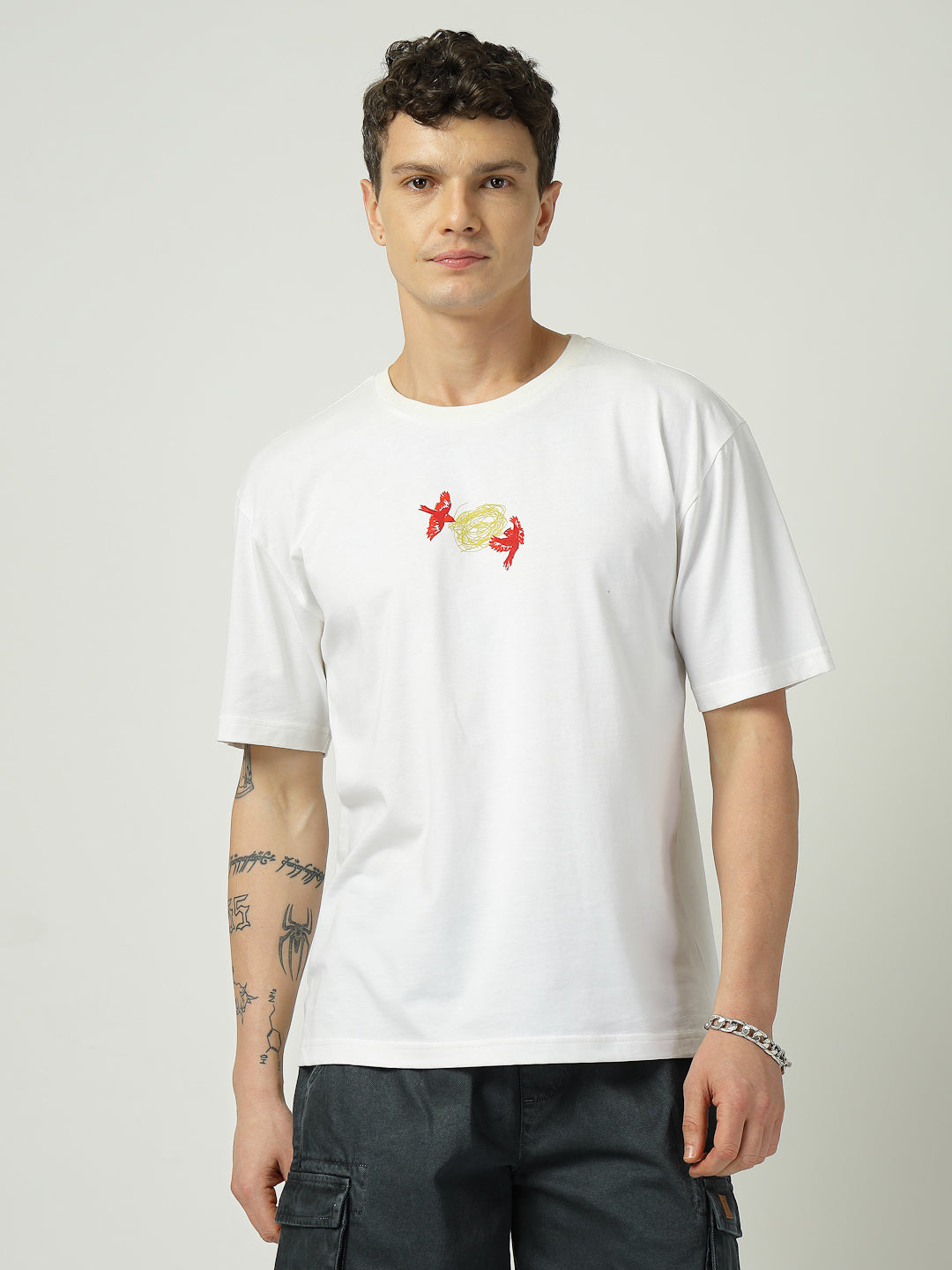 Men’s White Graphic T-Shirt | Abstract Bird Print | 100% Cotton Oversized Tee