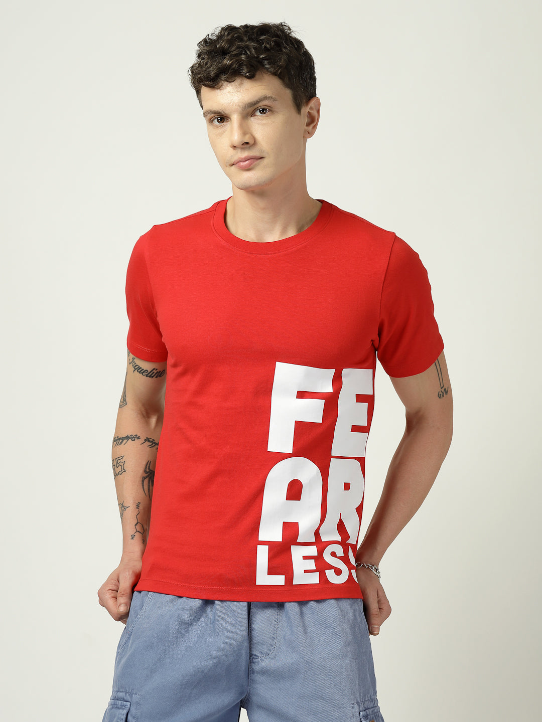 Men’s Red Graphic T-Shirt  FEARLESS Bold Print Cotton Casual Slim Fit Tee for Men