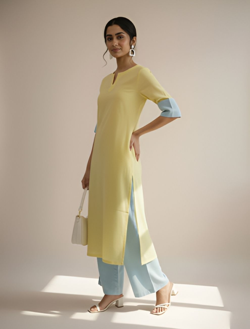 Lemon Yellow & Sky Blue Cotton Kurta Set with Elegant Design