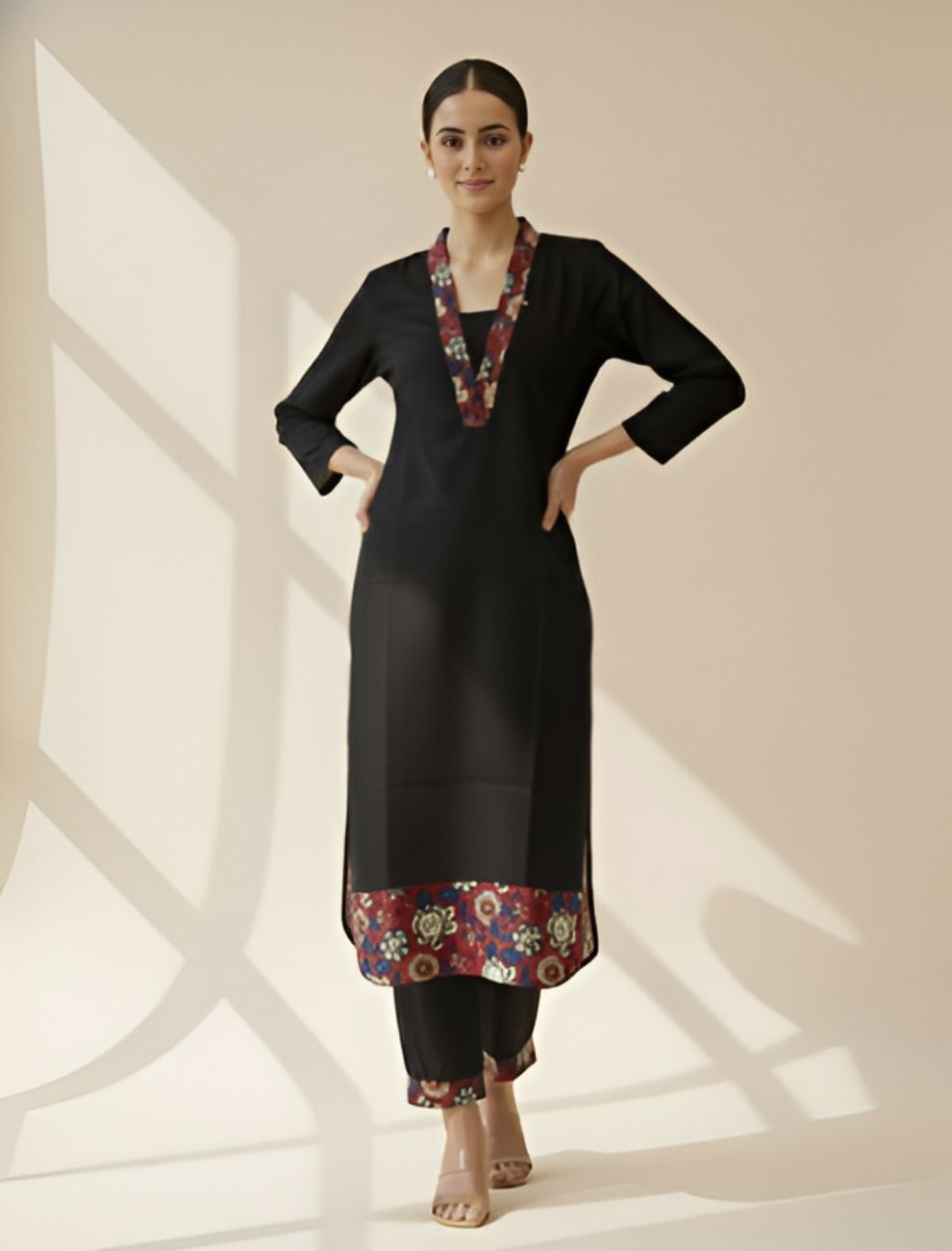 Black & Maroon Cotton Kurta Set with Screen-Printed Design