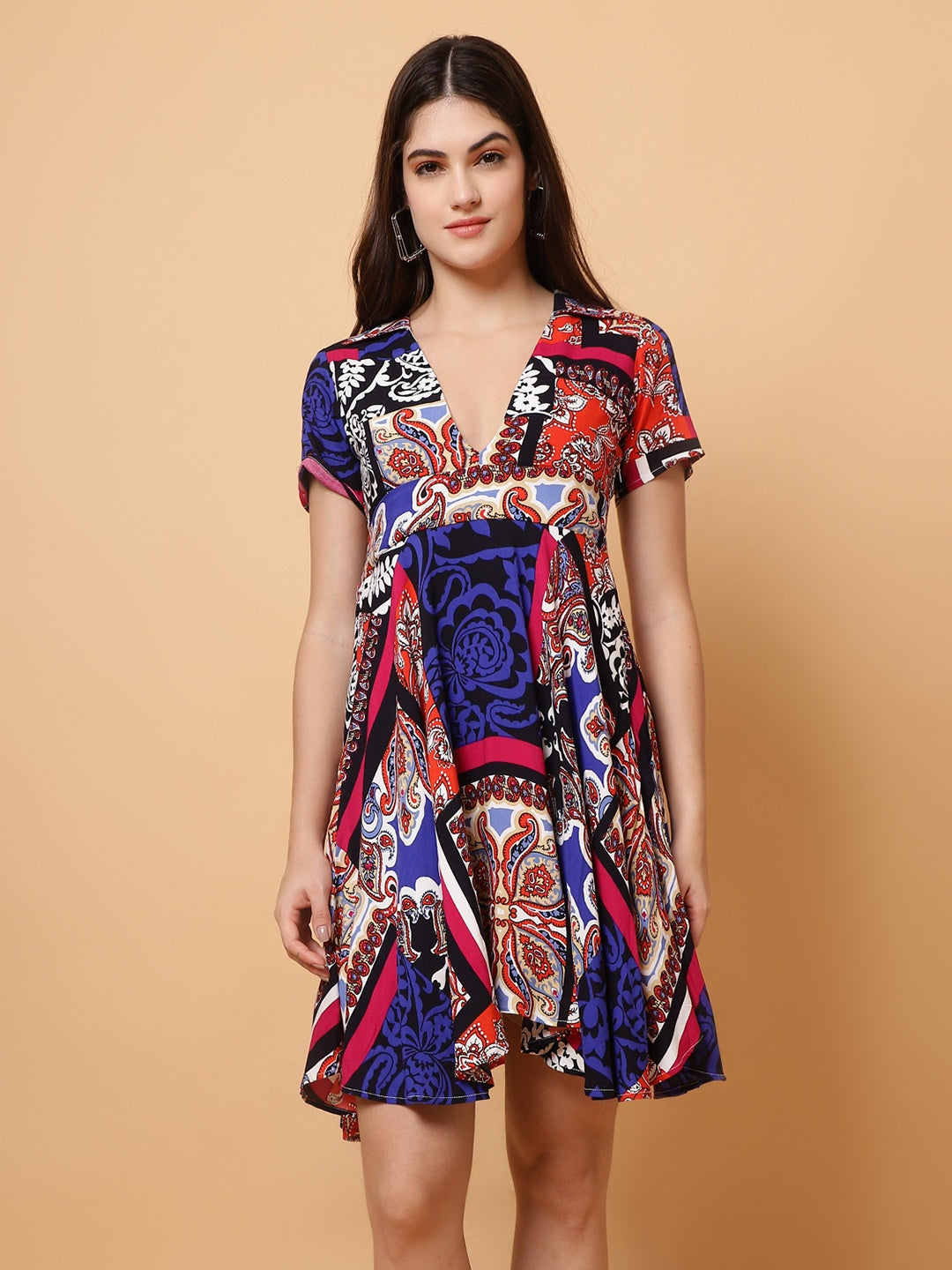 Women Fit and Flare Blue, Red Dress