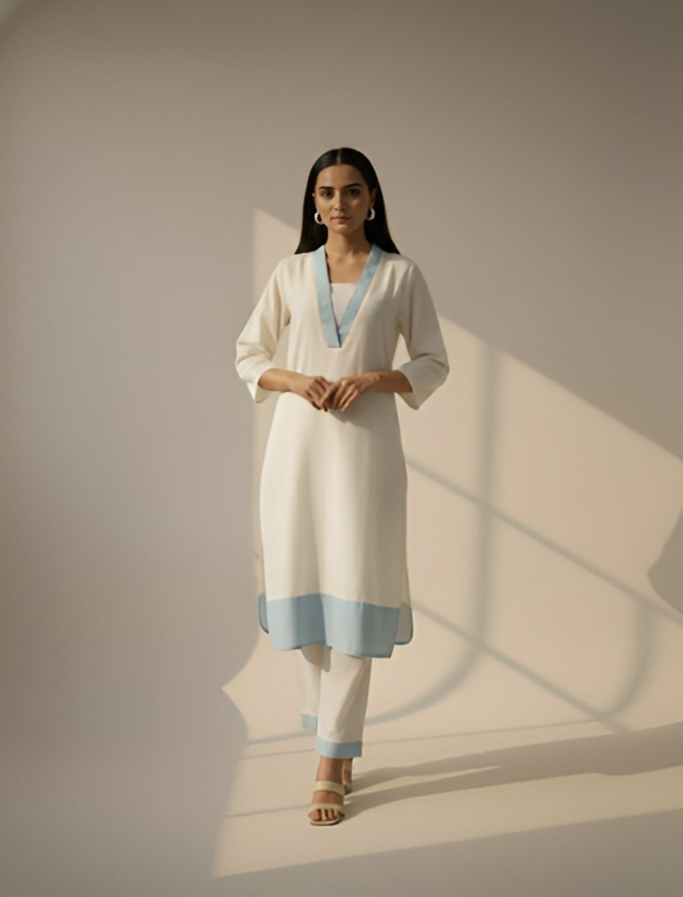 Ivory & Powder Blue Pure Cotton Kurta Set for Women – Elegant Everyday Wear