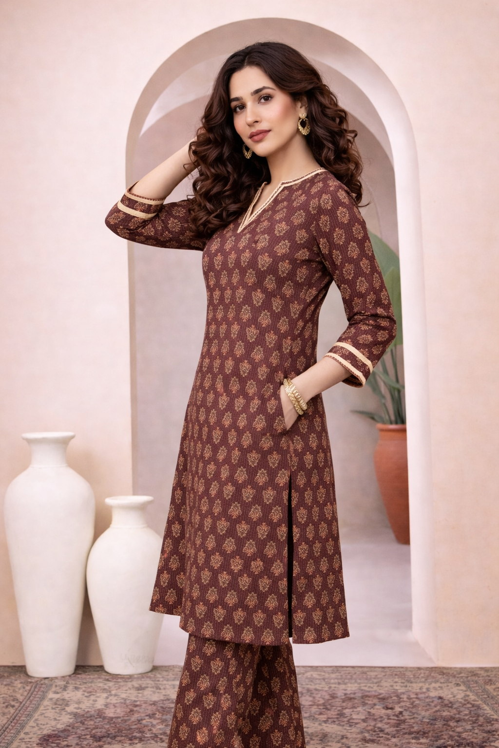 Brown Printed Cotton Kurti Set for Women