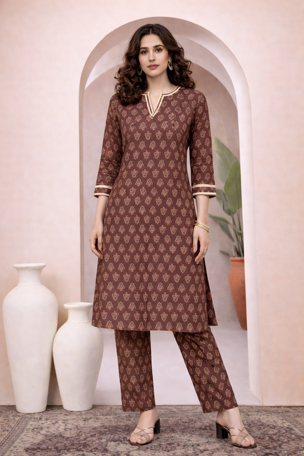Brown Printed Cotton Kurti Set for Women