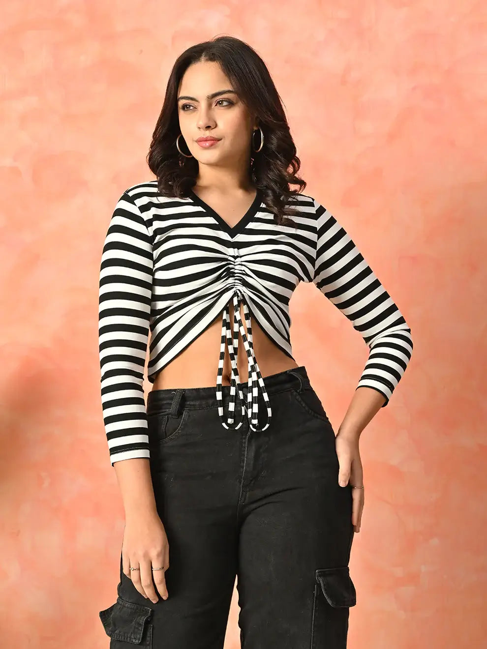 Stripe Knot Front Gathered Top black and white