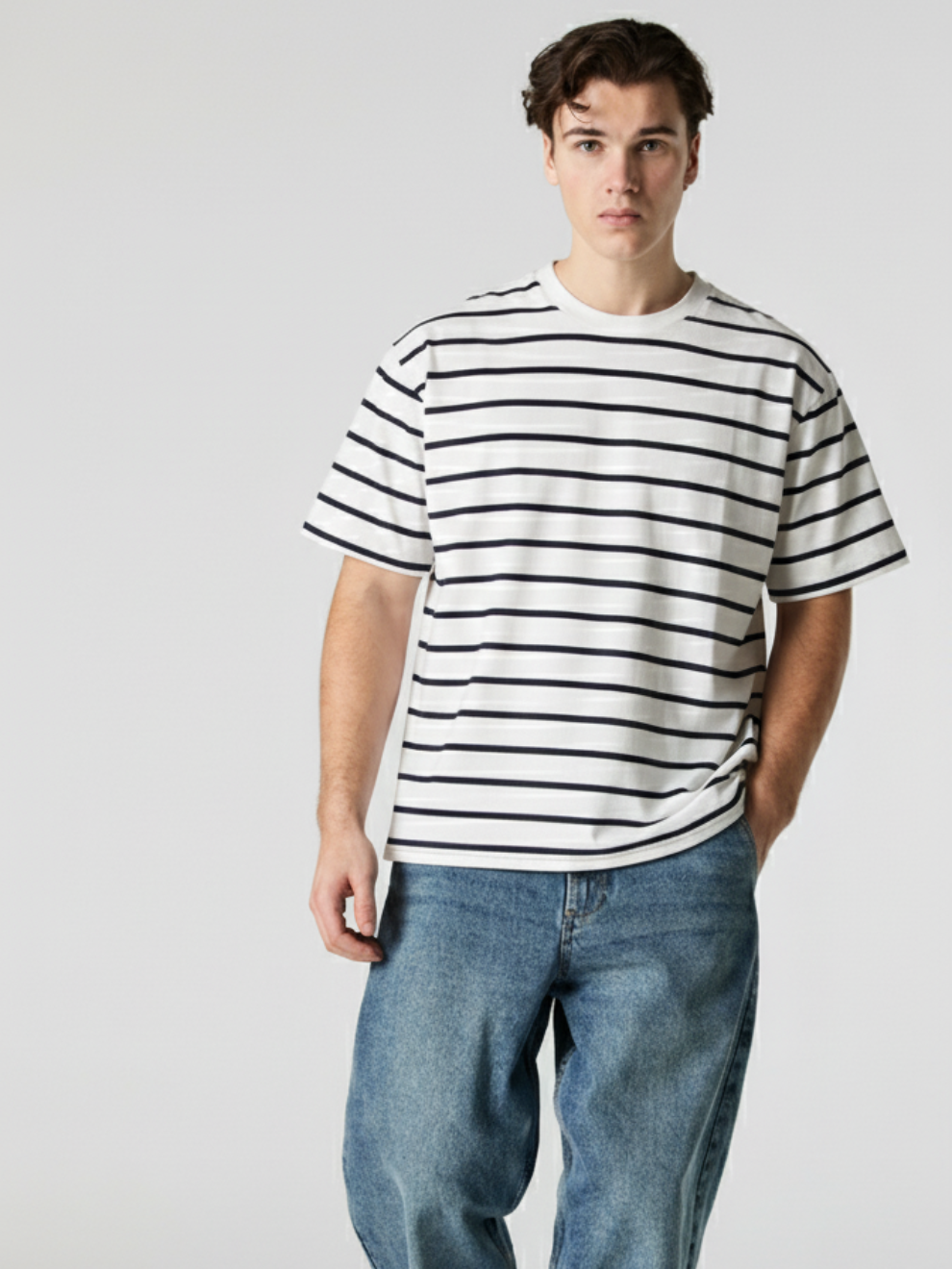 Men’s Striped Polo T-Shirt | Single Jersey Cotton | White & Navy Casual Tee | Unifringe