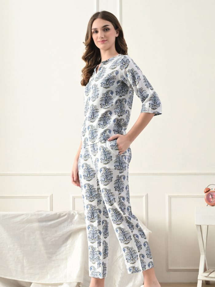 Unifringe Jaipuri Print White Night Suit