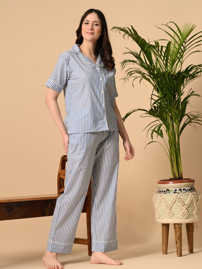 Unifringe Women’s Cotton Night Suit – Blue & White Striped
