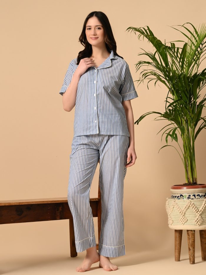 Unifringe Women’s Cotton Night Suit – Blue & White Striped