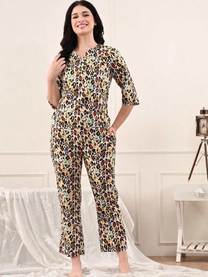 Unifringe Women’s Leopard Print Satin Night Suit Set