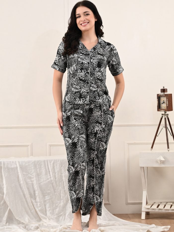 Black Night Suit with White Leaves Print – Half Sleeve