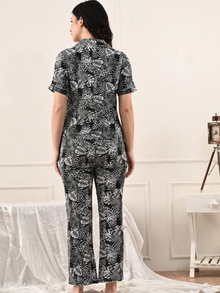 Black Night Suit with White Leaves Print – Half Sleeve