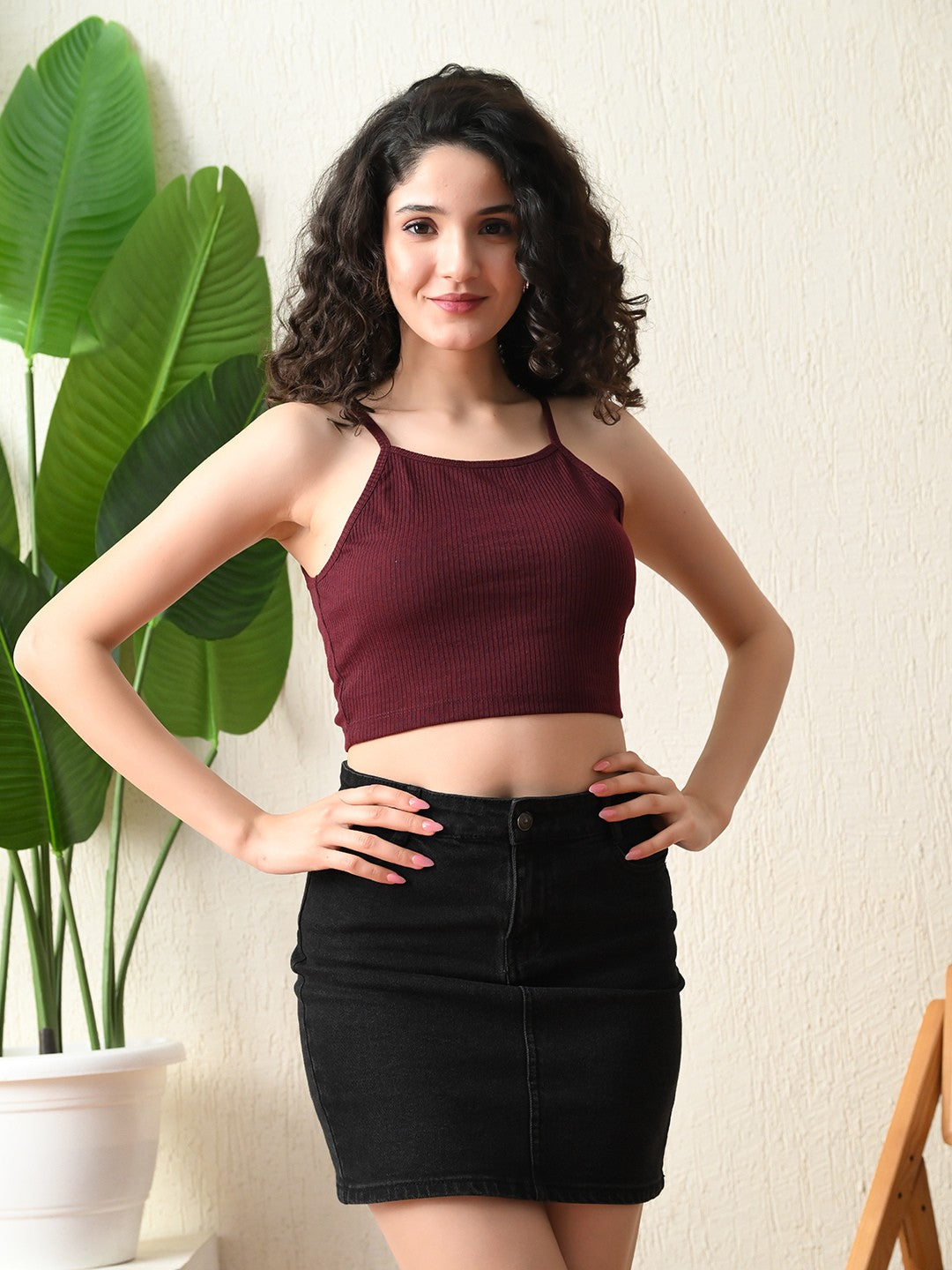 Casual Noodle Straps Solid Women Red Top