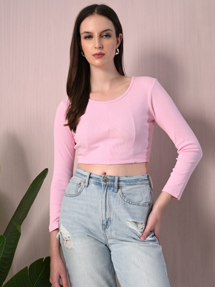 Cotton Crop Top – Full Sleeves, Trendy Front Design