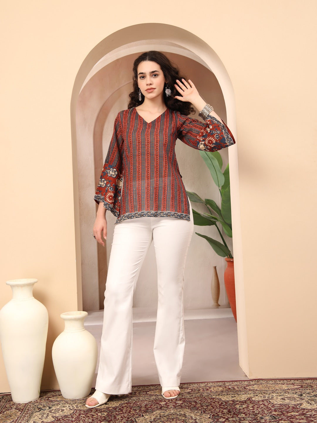 Women’s Printed Cotton Flex Kurti – V-Neck Casual Style