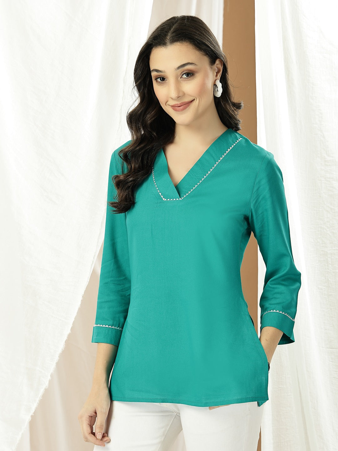 Women’s Cotton Flex Kurti – Solid V-Neck Everyday Wear