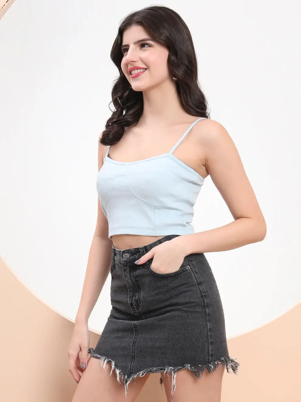 Sky Blue Ribbed Spaghetti CORSET Crop Top