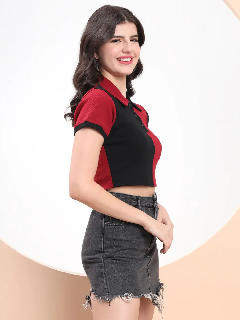 Colorblock Polo Crop Top – Black & Maroon Contrast