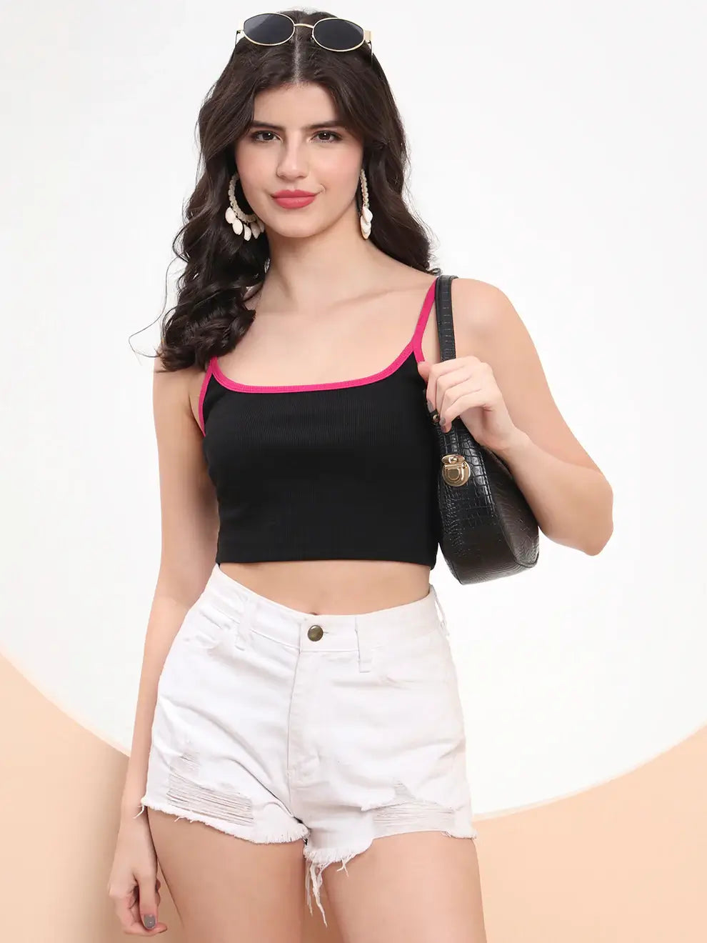 Pop & Strap It – Black & Pink Spaghetti Crop Top