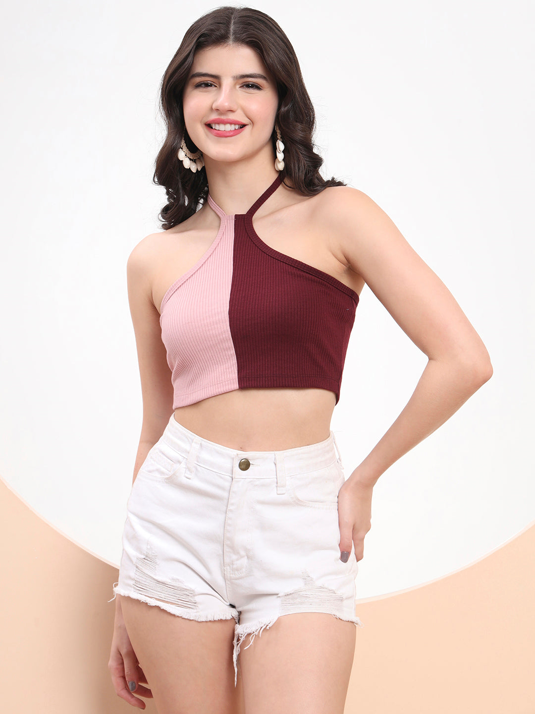 Dusty Pink & Maroon Halter Tie-Up Crop