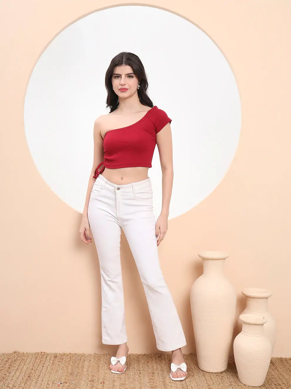 Maroon One-Shoulder Ribbed Crop Top with Side Tie-Up