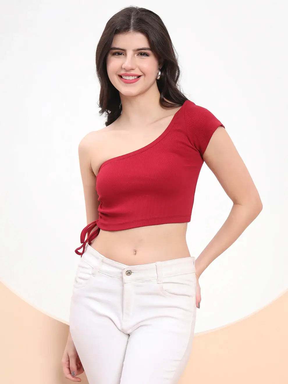 Maroon One-Shoulder Ribbed Crop Top with Side Tie-Up