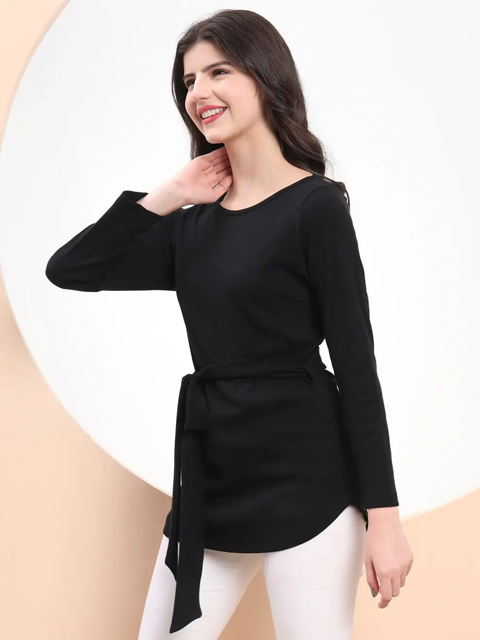 Noir Wrap Belted Longline Top