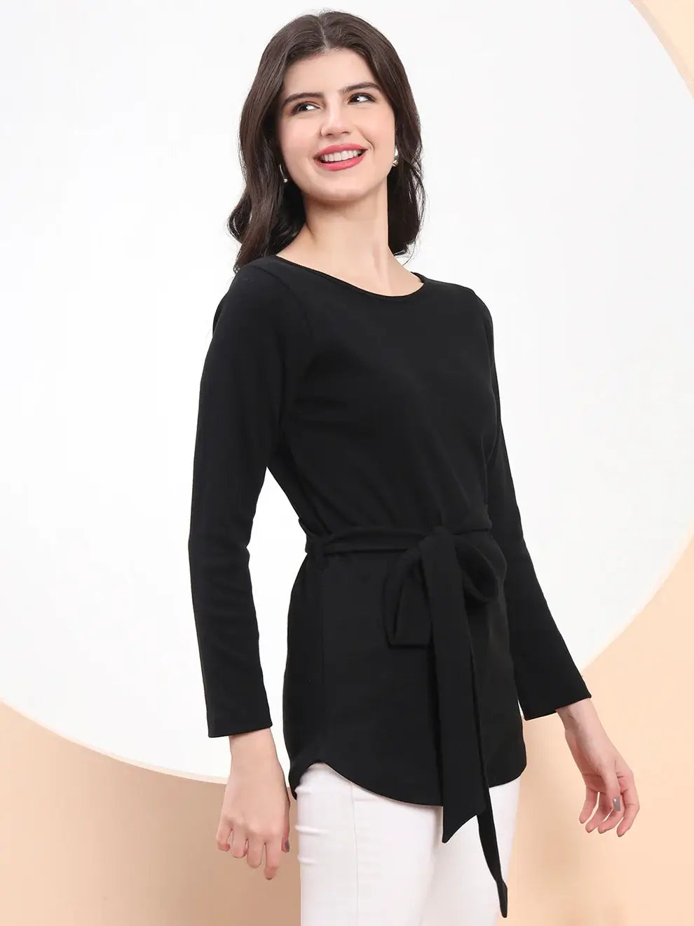 Noir Wrap Belted Longline Top black