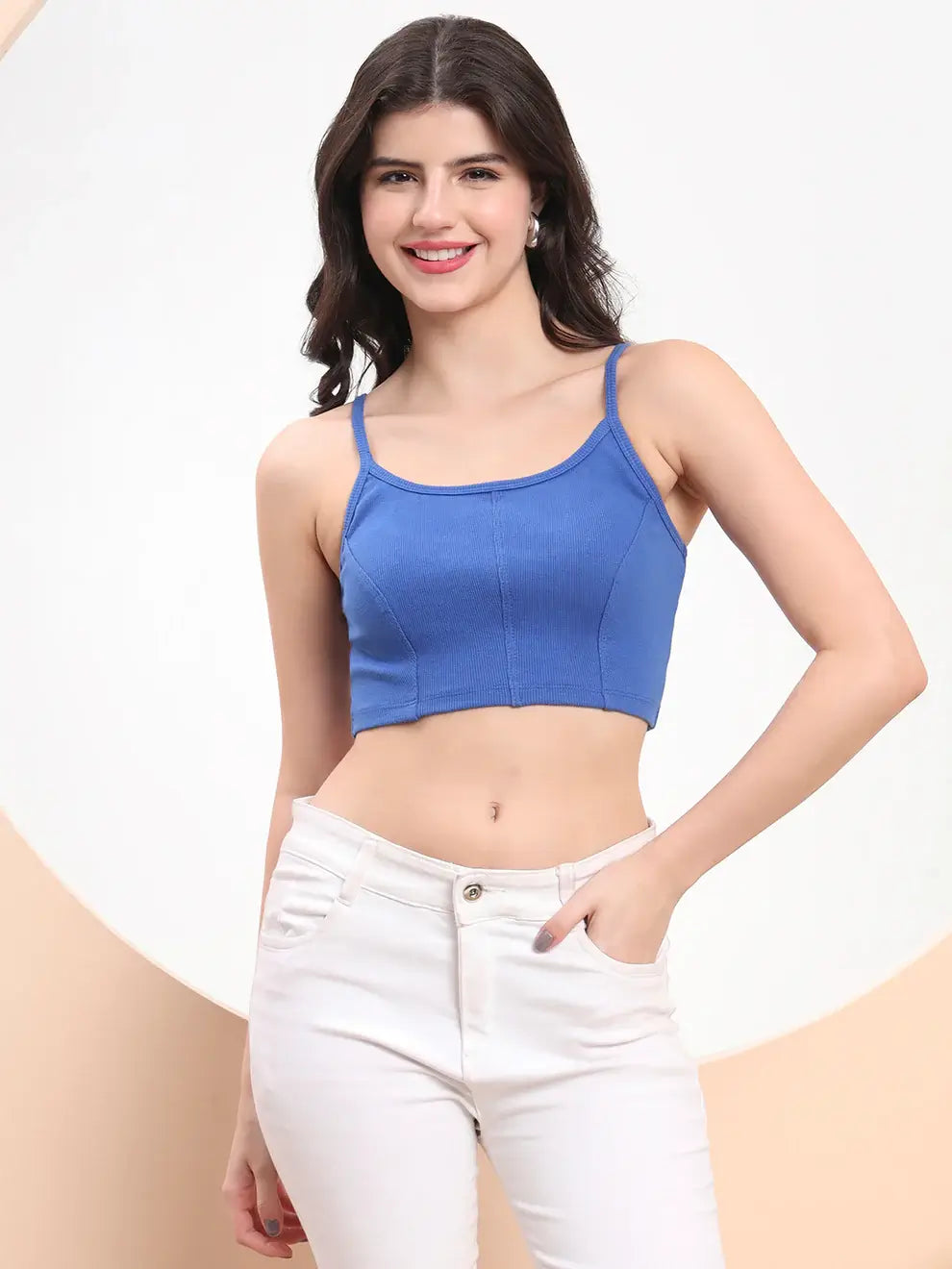 Woman wearing a blue Midnight Sculpt Corset Crop Top