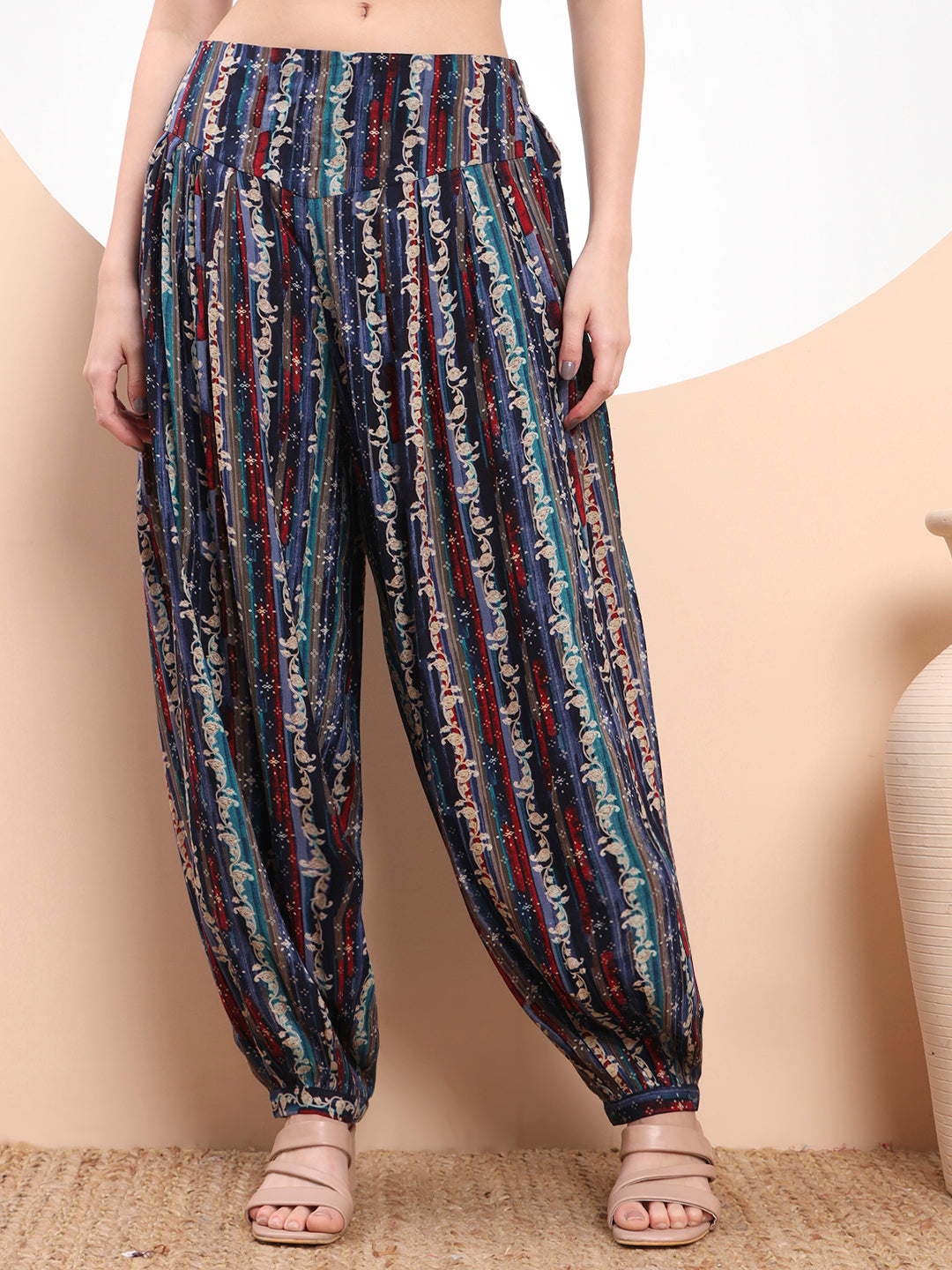 Women's Boho Printed Harem Pants – Multicolor Stripe Pattern