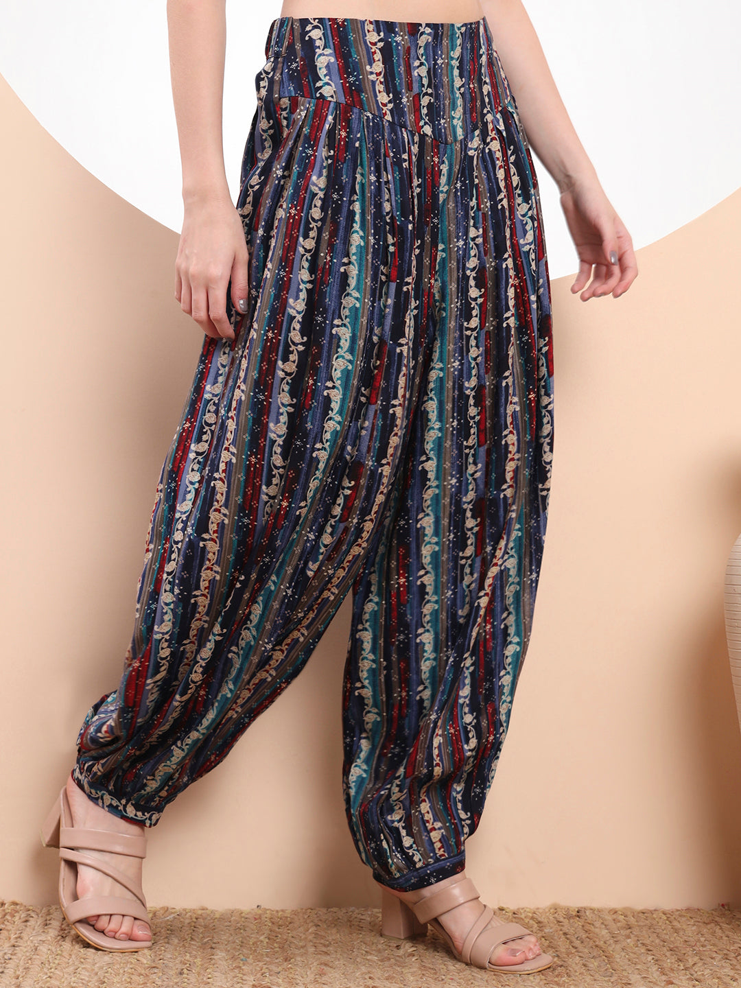Women's Boho Printed Harem Pants – Multicolor Stripe Pattern
