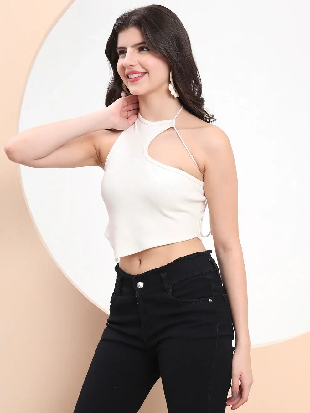 Woman wearing a white top Asymmetric Halter Neck Crop Top