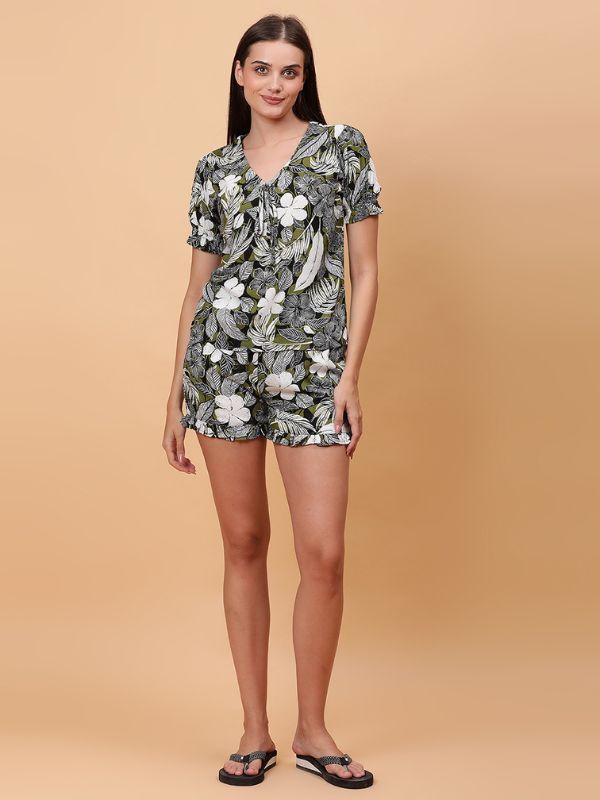 White/Gray Rayon Night Suit with Floral Print and Green Leaves