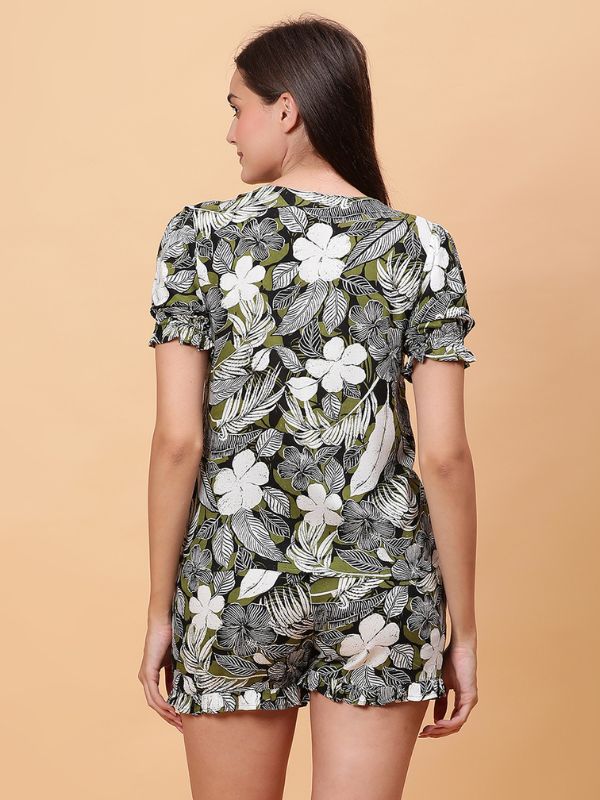 White/Gray Rayon Night Suit with Floral Print and Green Leaves