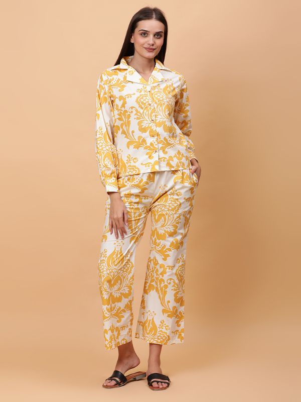 Poplin Cotton Night Suit with Golden Yellow Floral Print