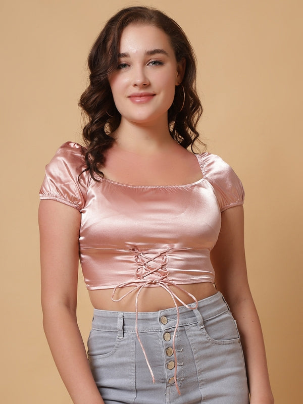 Casual Puff Sleeves Solid Women Pink Top