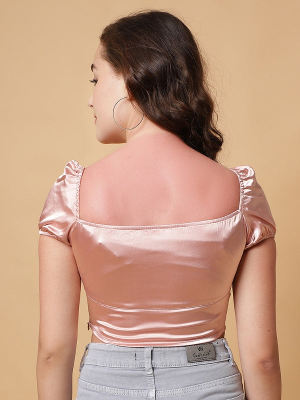 Casual Puff Sleeves Solid Women Pink Top